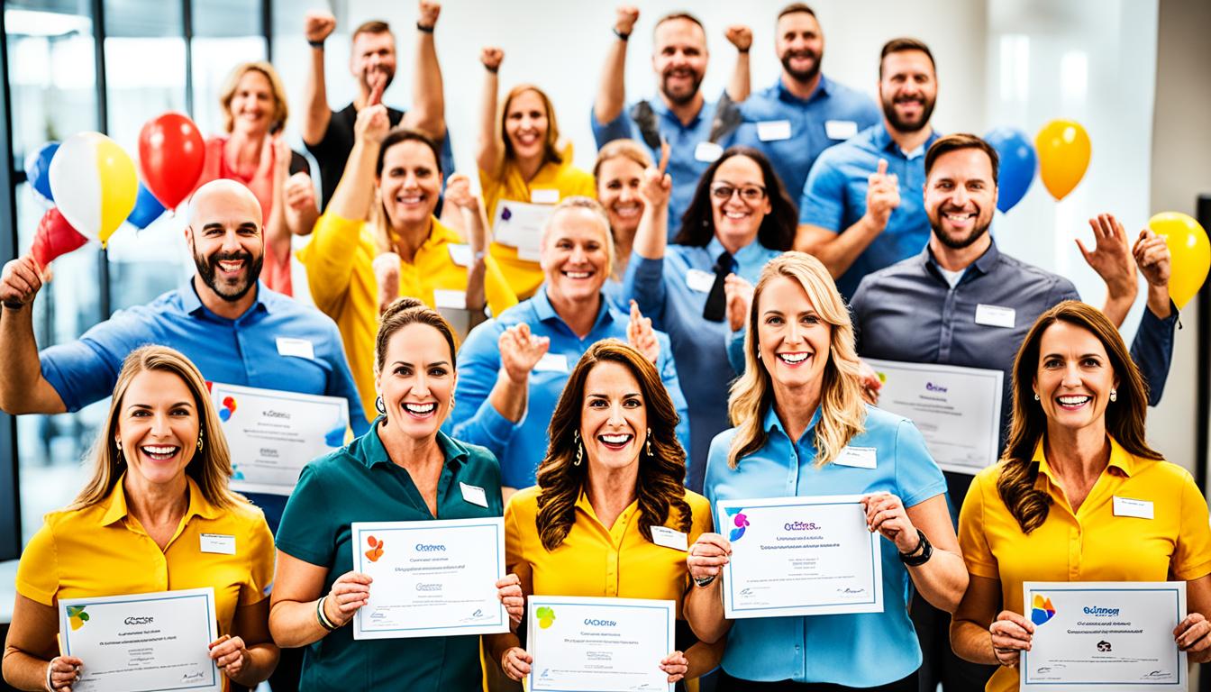 Boosting Staff Morale with Effective Employee Recognition(happy employees with their certificates)