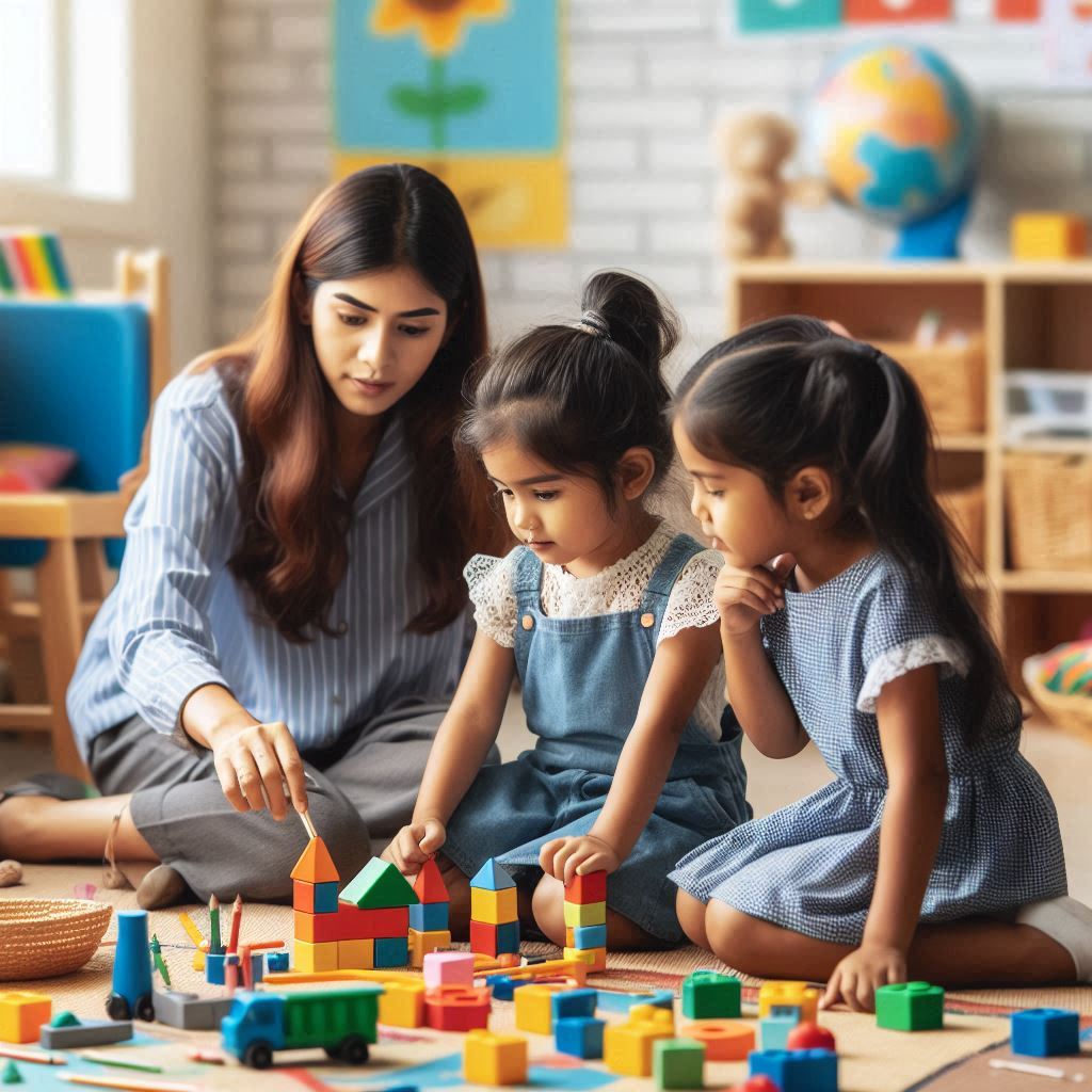 Children playing and learning in a colorful state preschool classroom, exploring art and building blocks together