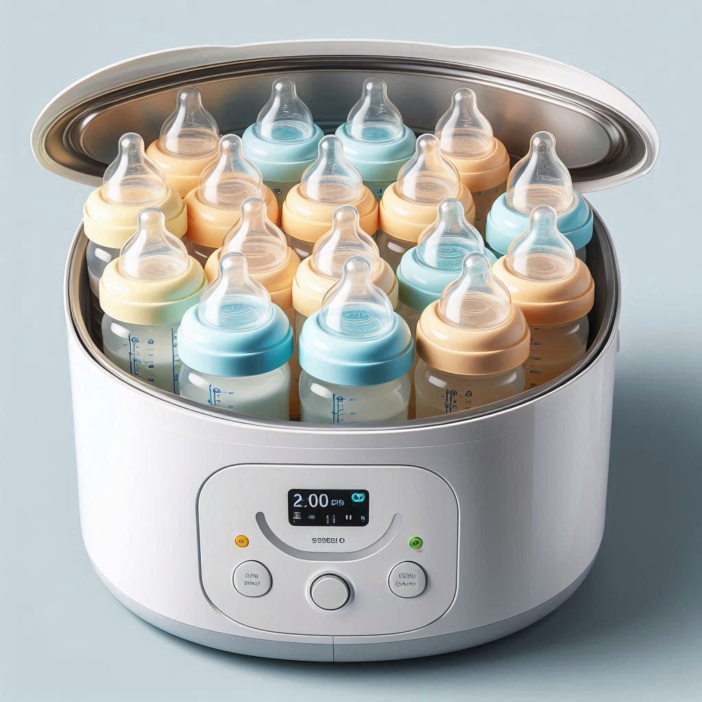 A baby bottle sterilizer with neatly arranged bottles inside, ready for use. It ensures clean, safe feeding tools, essential for hygienic bottle feeding