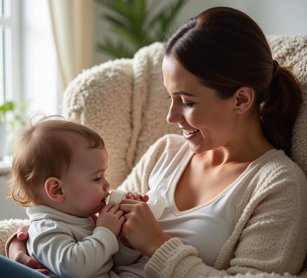 A mother tenderly weaning her baby from breastfeeding, offering a bottle while holding the child close, concerned about the potential effects of weaning too early