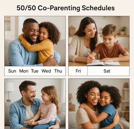 A collage showing diverse co-parenting moments throughout the week, illustrating how different 50/50 custody schedules can support consistent bonding and shared parenting roles.