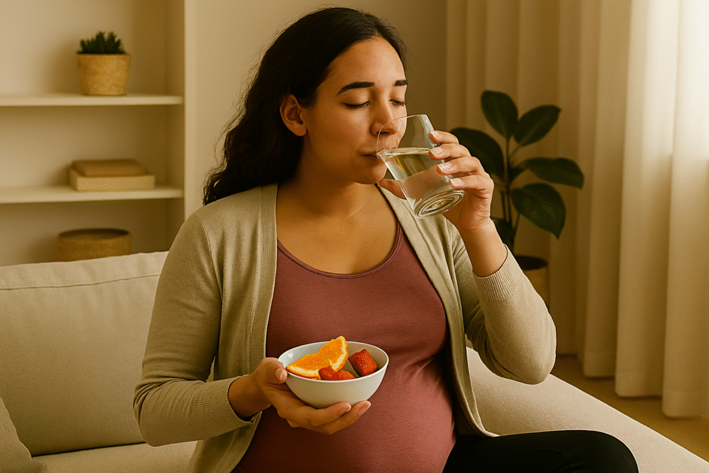 pregnant woman drinking water and eating fruits for childbirth preparation