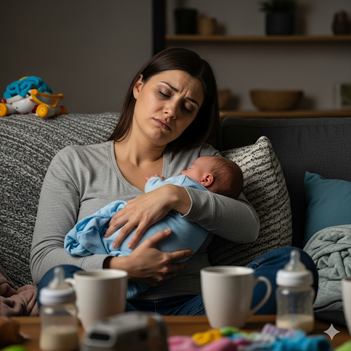 Distressed woman holding her baby, showing signs of postpartum thyroiditis symptoms such as fatigue and emotional strain