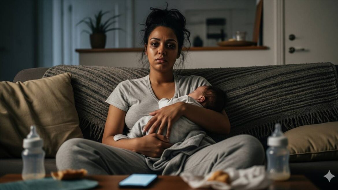 blog pic A distressed and exhausted Black working mother with a postpartum 2nd degree tear with tired eyes holds her sleeping baby on a couch in a dimly lit living room.