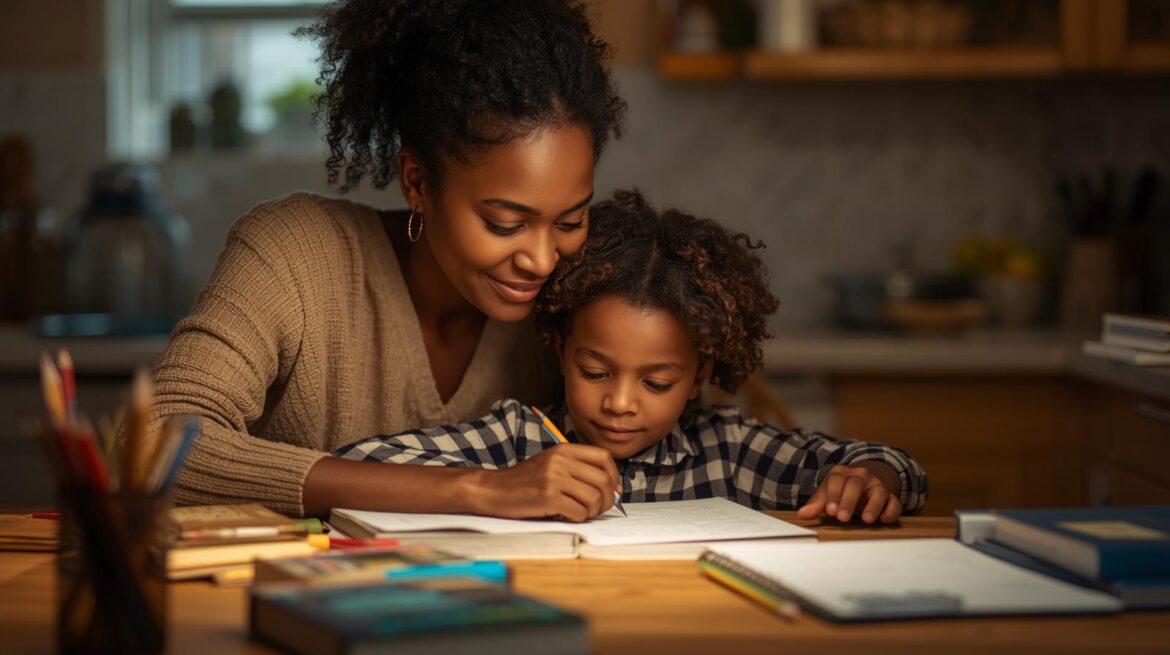 A caring single parent helping a child with homework at a kitchen table_Size_ 1200 x 800 pixels (landscape) for clear detail and good loading speed parenting style