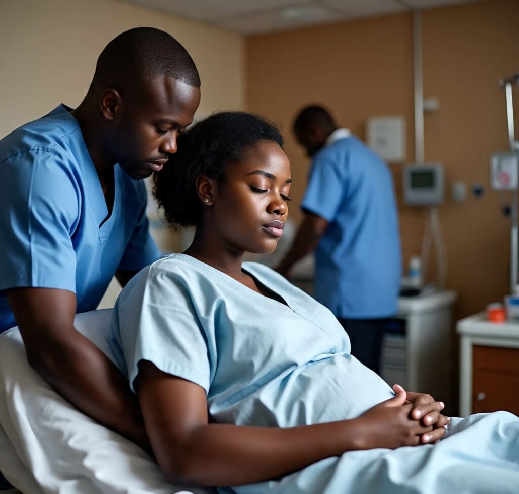 natural birth vs c-section: couple in hospital during labour